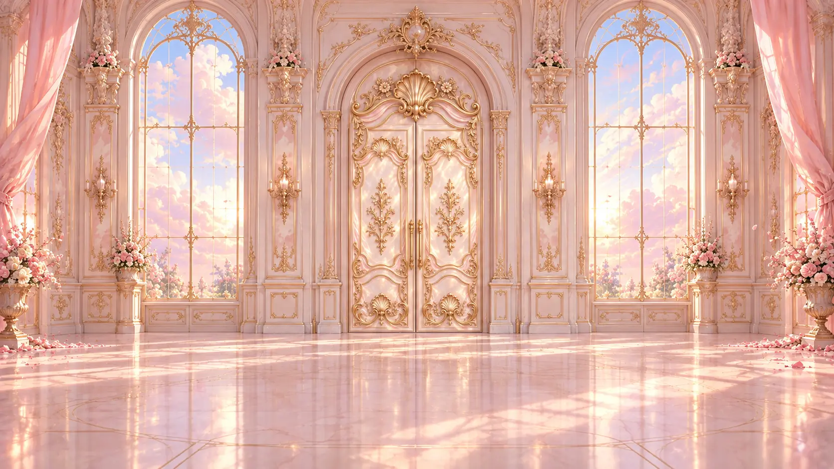 A rose and pearl antechamber with one gilded double door
